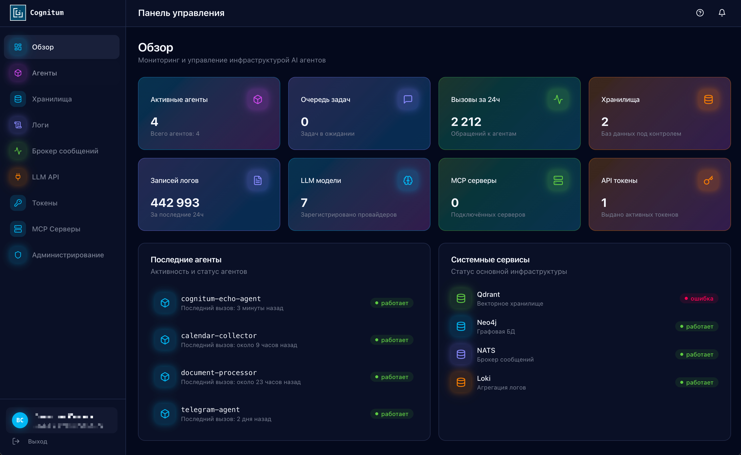 Главный экран платформы Cognitum: обзор агентов, метрик и состояния системы
